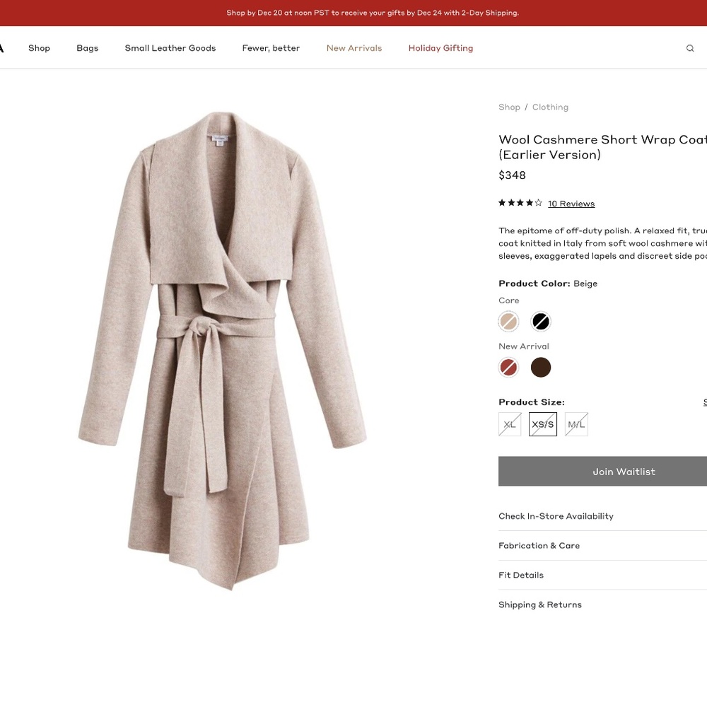 Cuyana Megan Markle wool cashmere short wrap stealth wealth coat XL